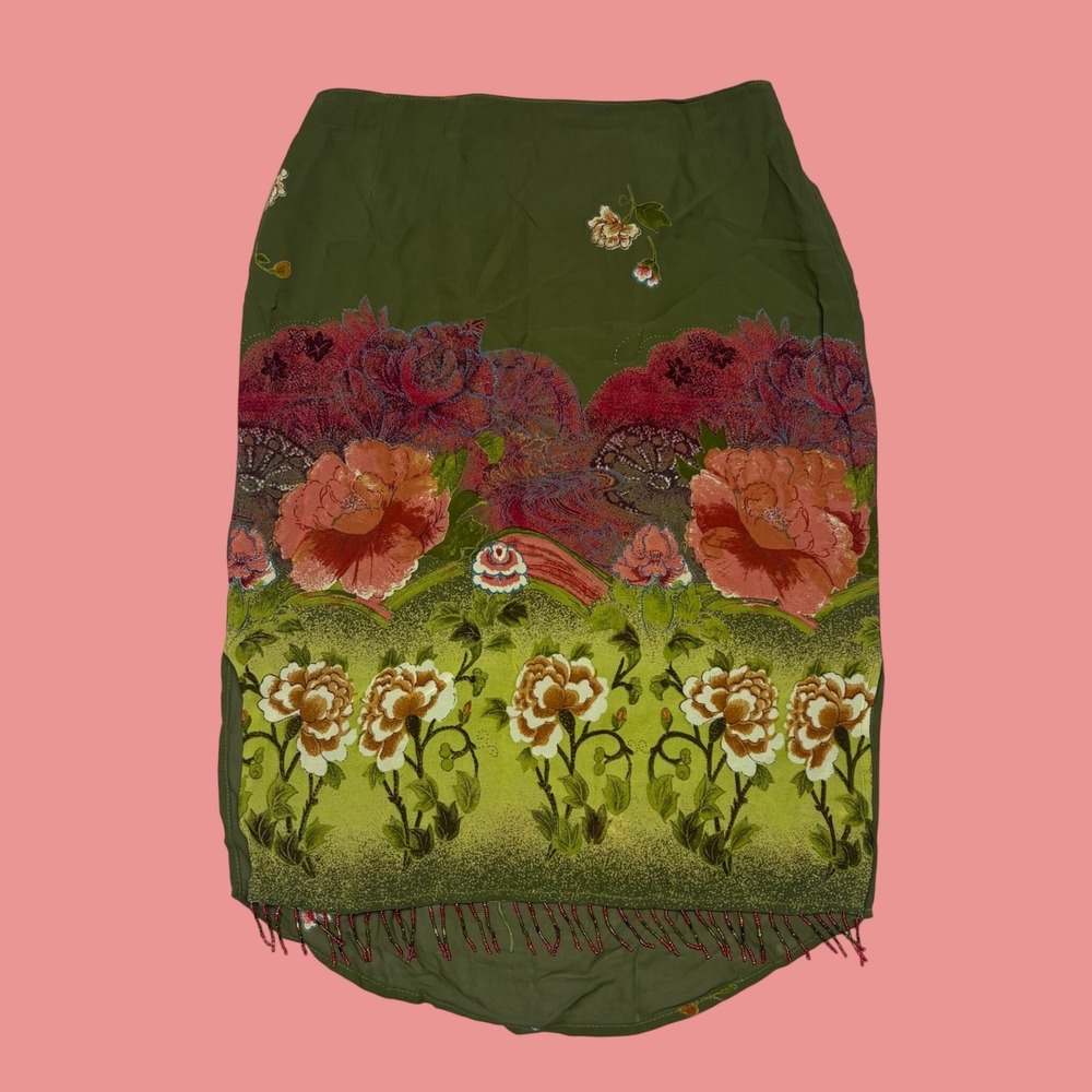 Breeze by Dorothy Schoelen Olive Green Floral Beaded Fringe High Low Skirt S
